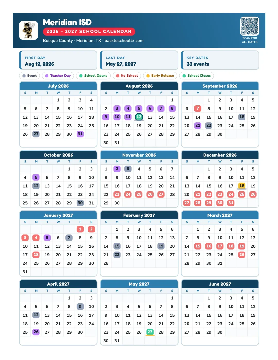 Meridian ISD Calendar for the Year 26-27