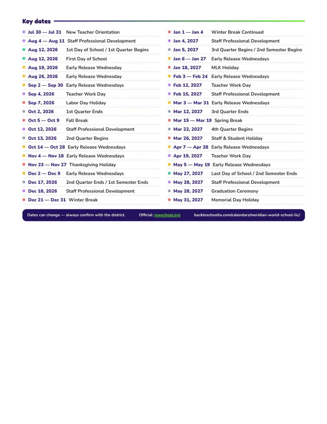 Meridian World School Llc Calendar for the Year 26-27 — key dates