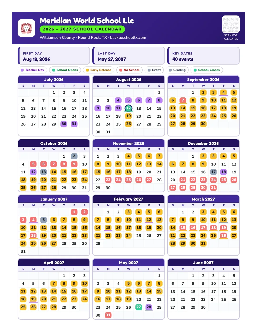 Meridian World School Llc Calendar for the Year 26-27