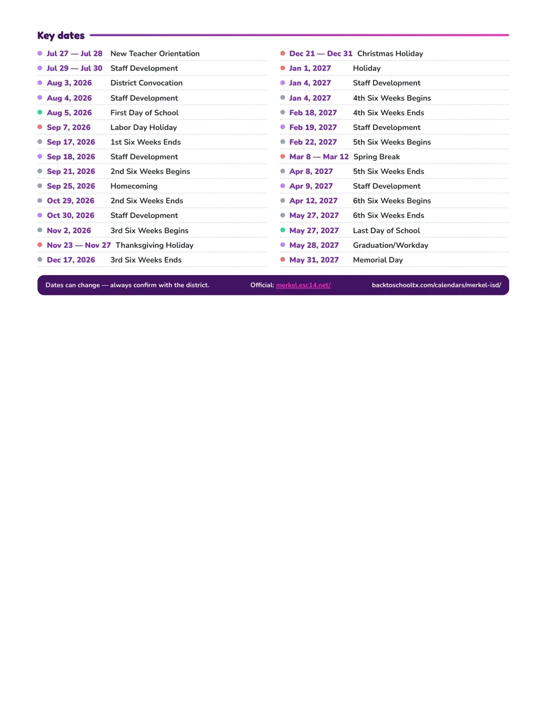 Merkel ISD Calendar for the Year 26-27 — key dates
