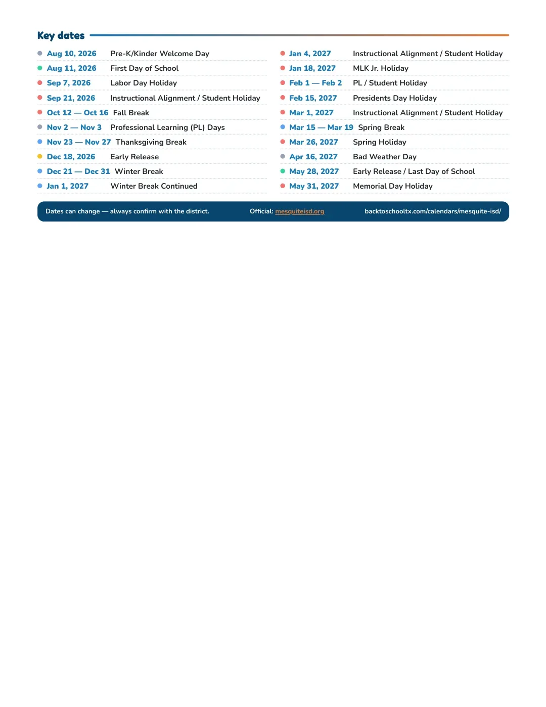 Mesquite ISD Calendar for the Year 26-27 — key dates