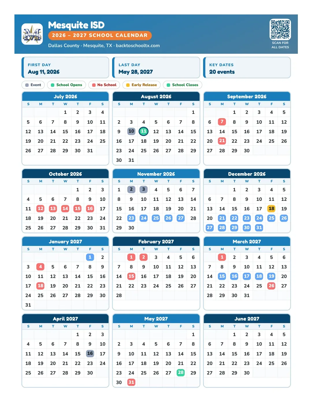 Mesquite ISD Calendar for the Year 26-27