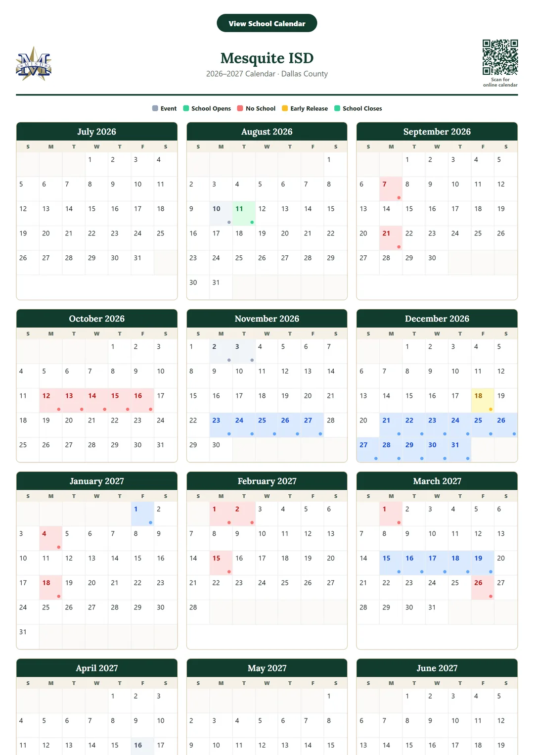 Mesquite ISD printable 2026–2027 calendar