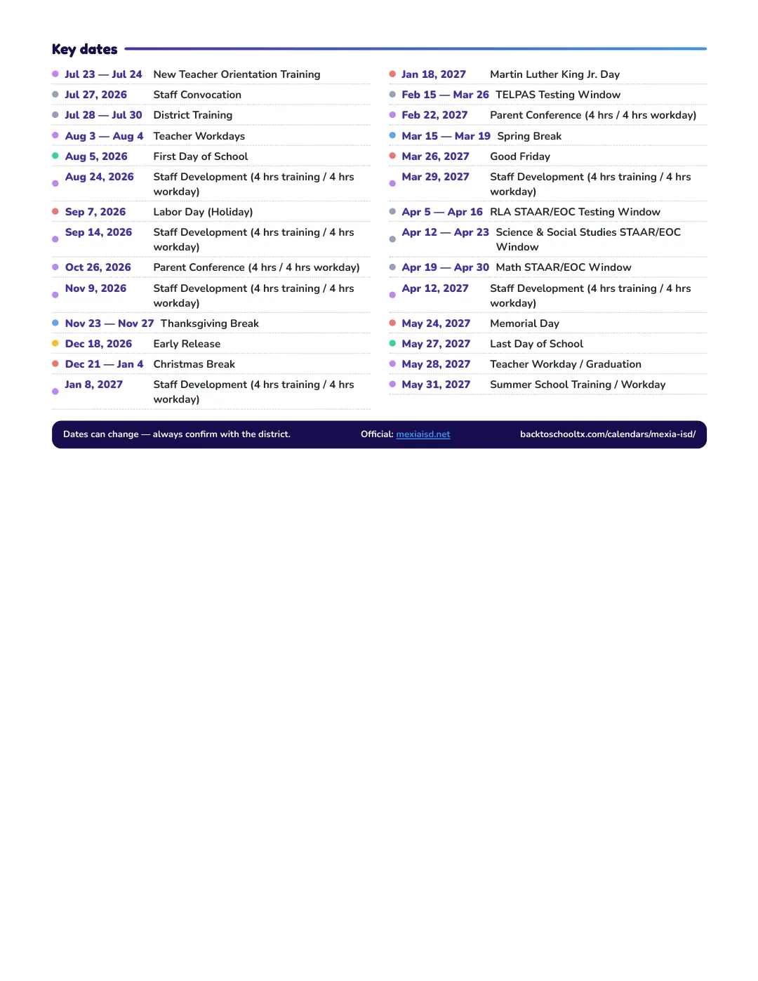 Mexia ISD Calendar for the Year 26-27 — key dates