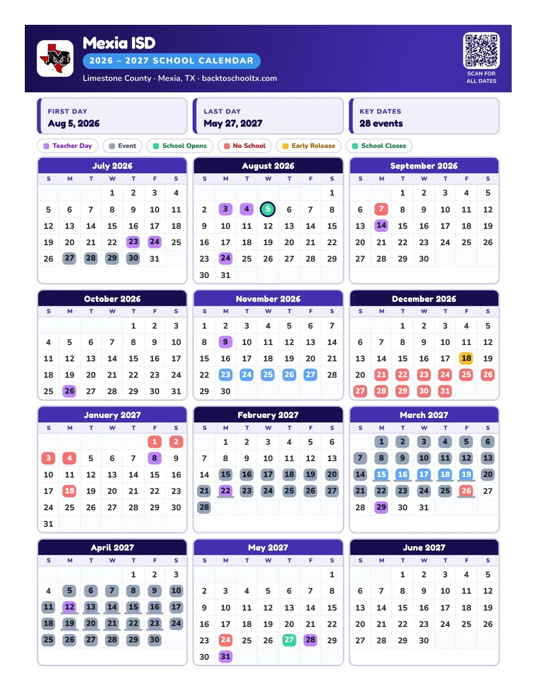 Mexia ISD Calendar for the Year 26-27