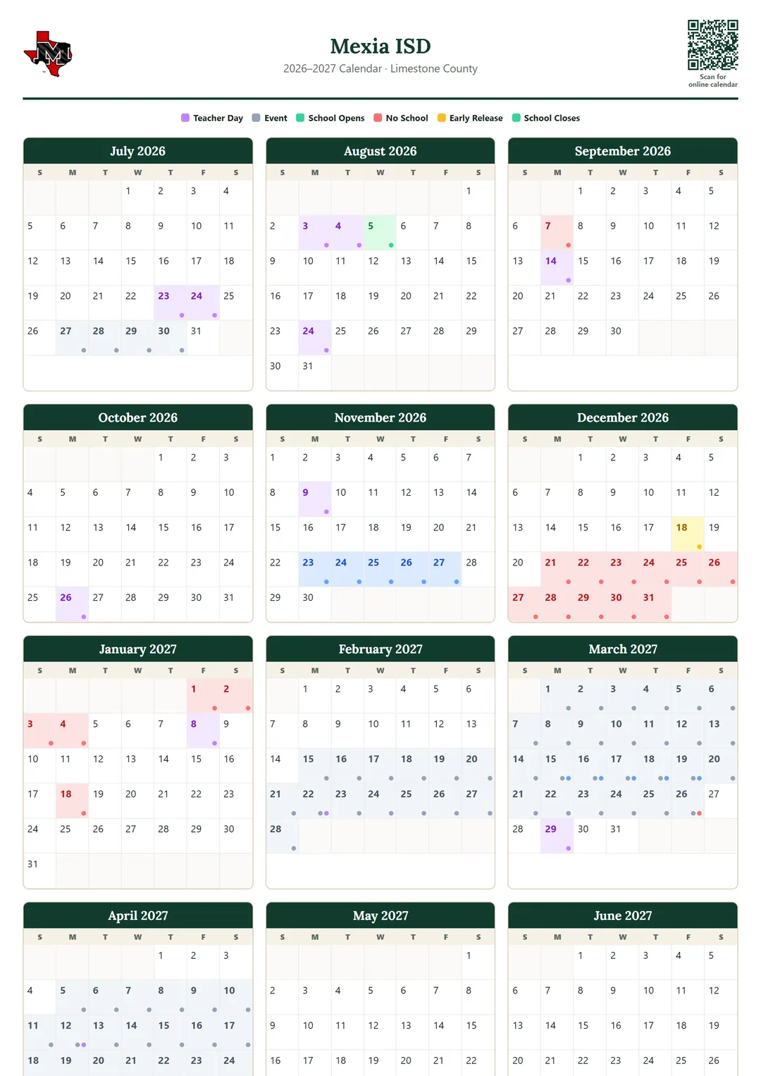 Mexia ISD printable 2026–2027 calendar