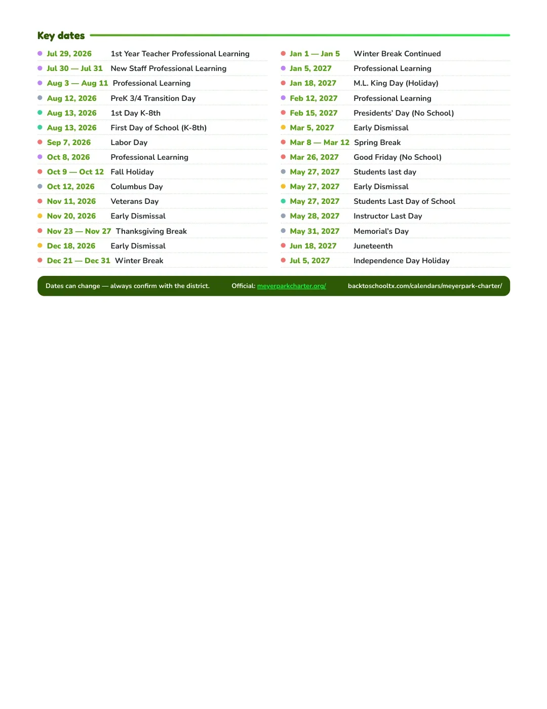 Meyerpark Charter Calendar for the Year 26-27 — key dates