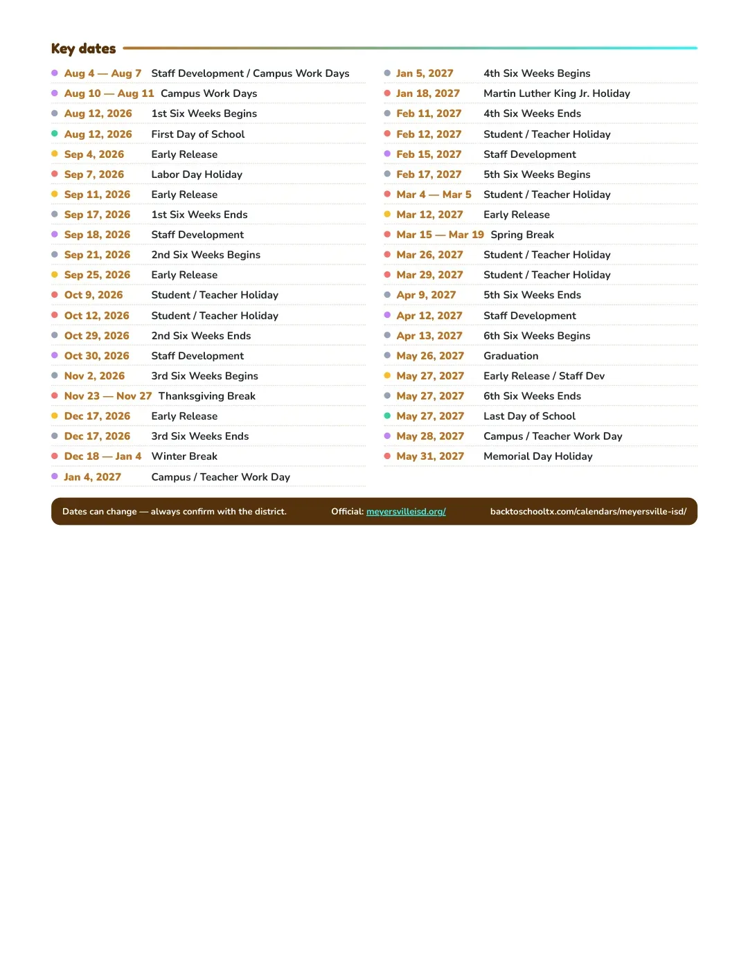 Meyersville ISD Calendar for the Year 26-27 — key dates