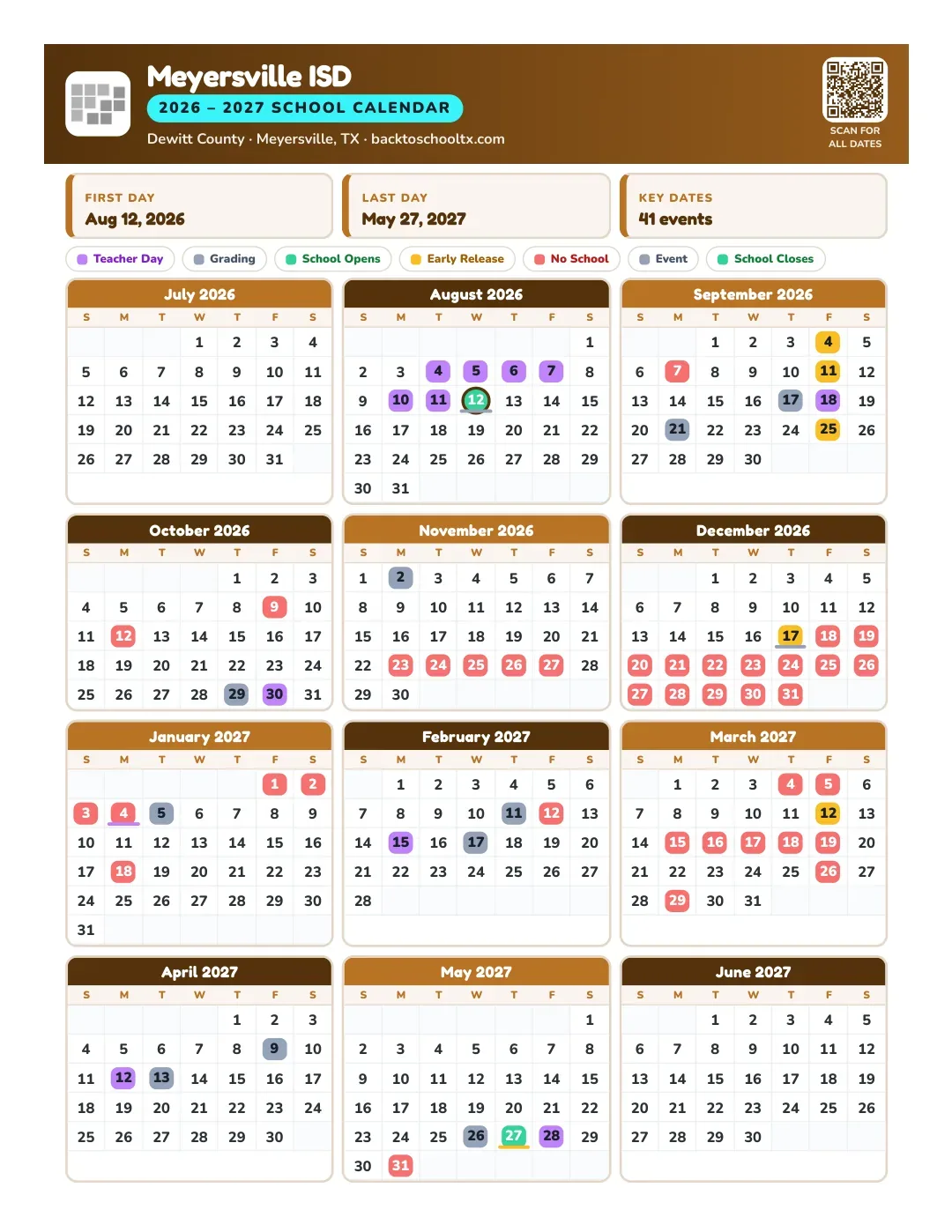 Meyersville ISD Calendar for the Year 26-27