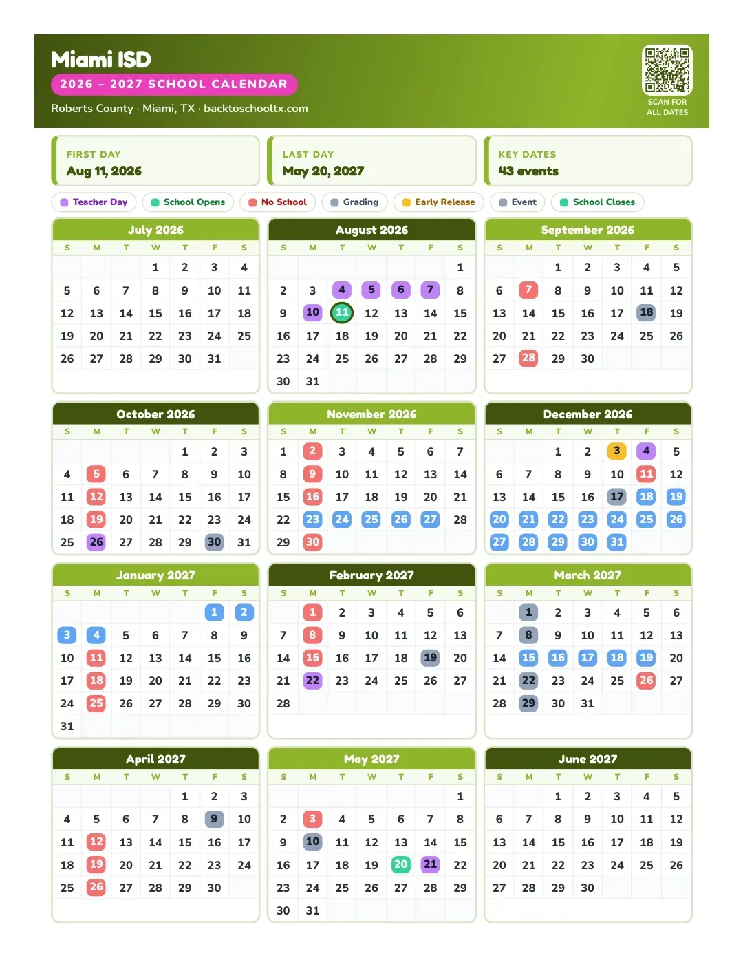 Miami ISD Calendar for the Year 26-27
