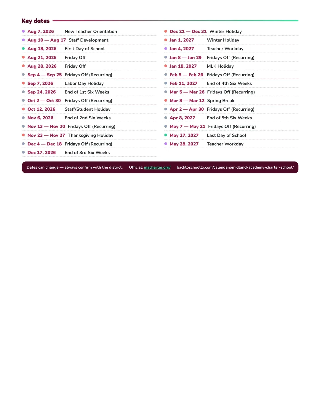 Midland Academy Charter School Calendar for the Year 26-27 — key dates