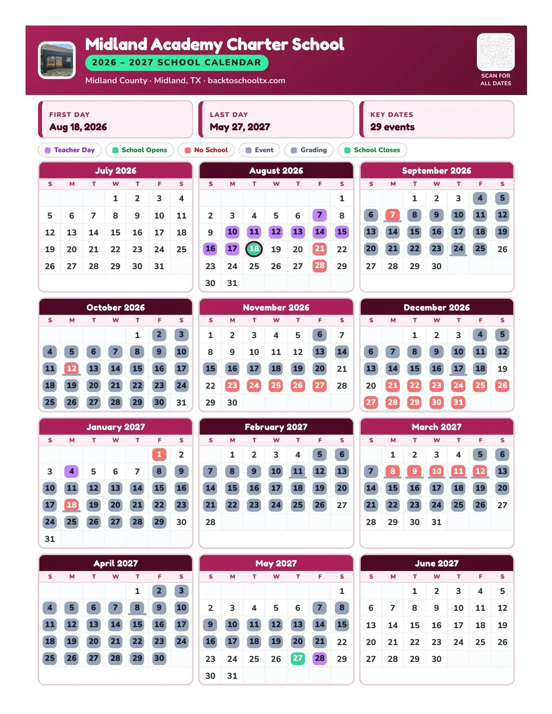 Midland Academy Charter School Calendar for the Year 26-27