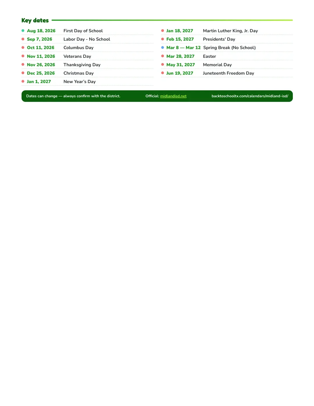 Midland ISD Calendar for the Year 26-27 — key dates