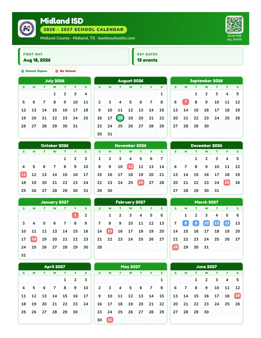 Midland ISD Calendar for the Year 26-27