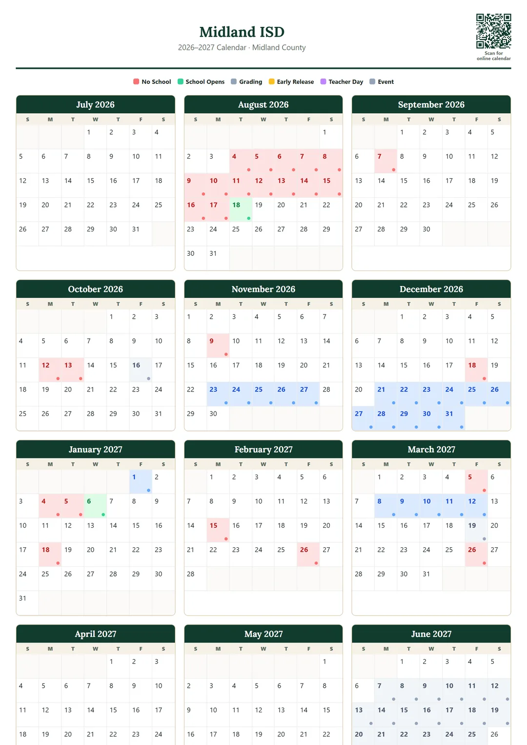 Midland ISD printable 2026–2027 calendar