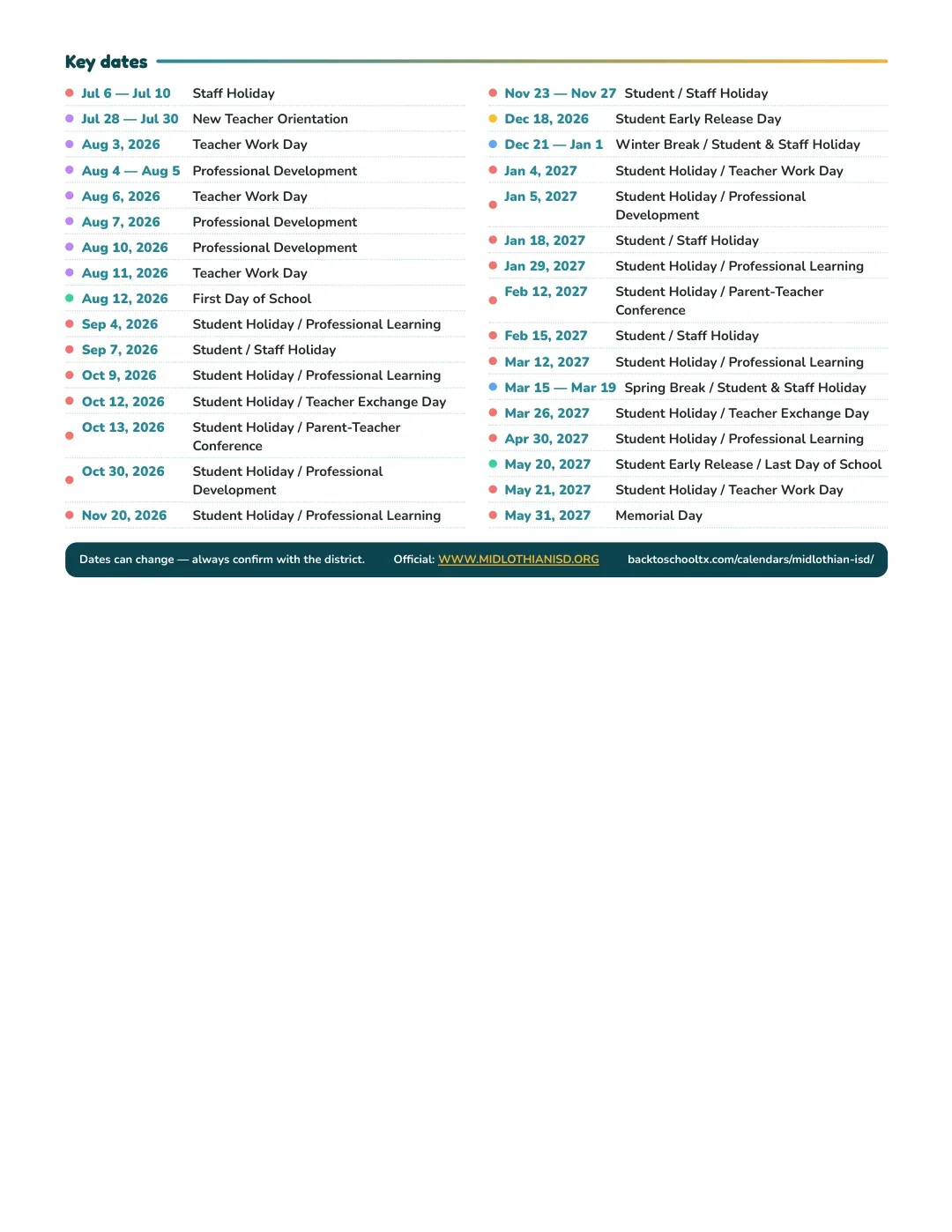 Midlothian ISD Calendar for the Year 26-27 — key dates