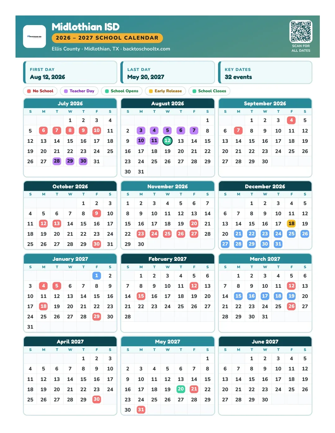 Midlothian ISD Calendar for the Year 26-27