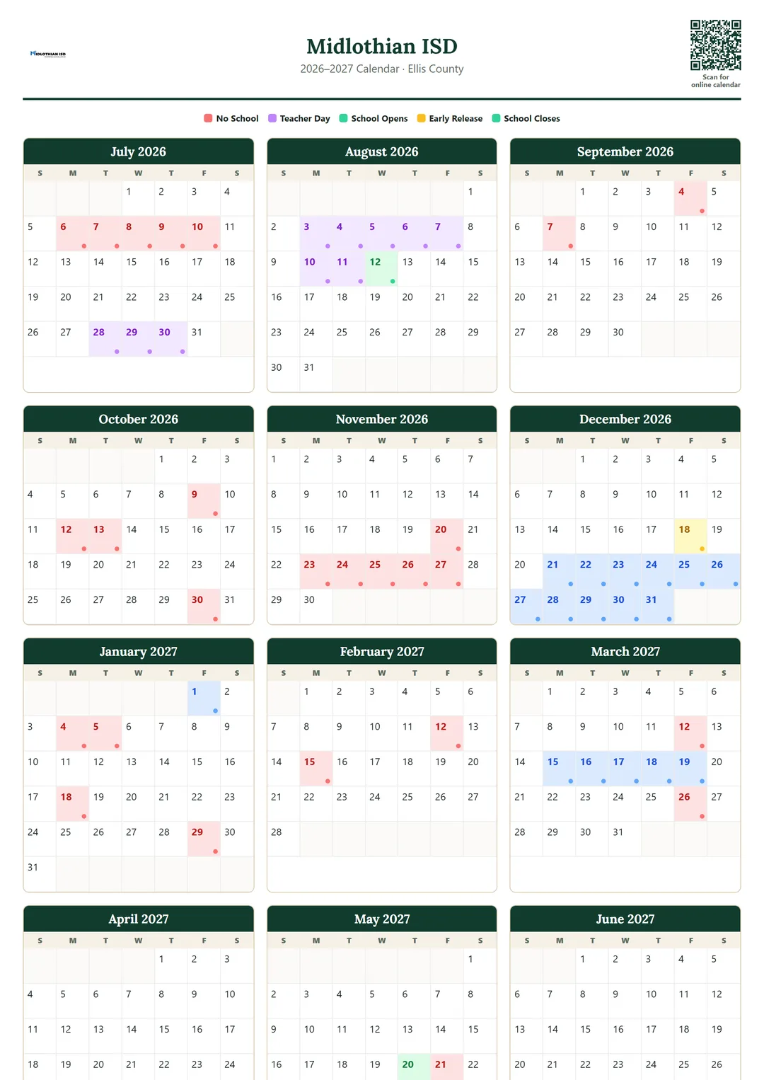 Midlothian ISD printable 2026–2027 calendar