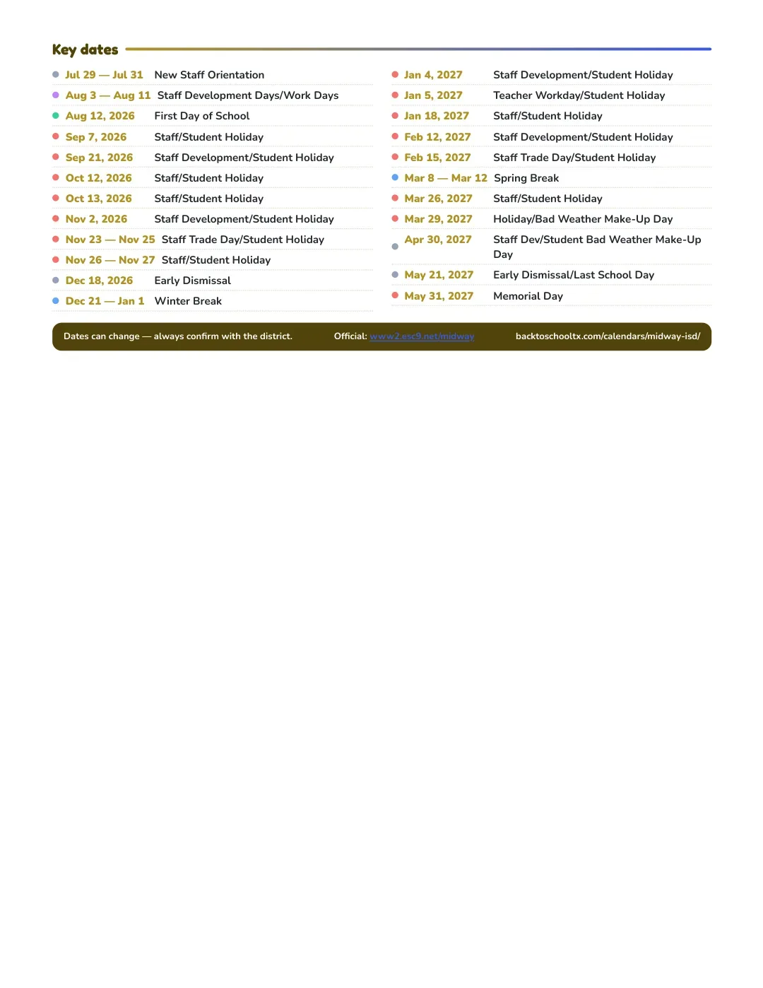 Midway ISD Calendar for the Year 26-27 — key dates