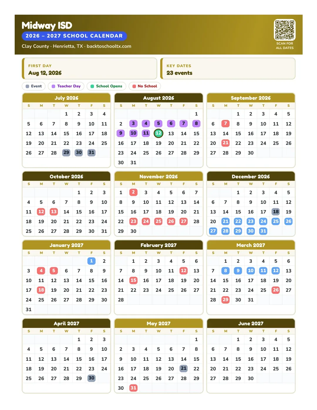 Midway ISD Calendar for the Year 26-27