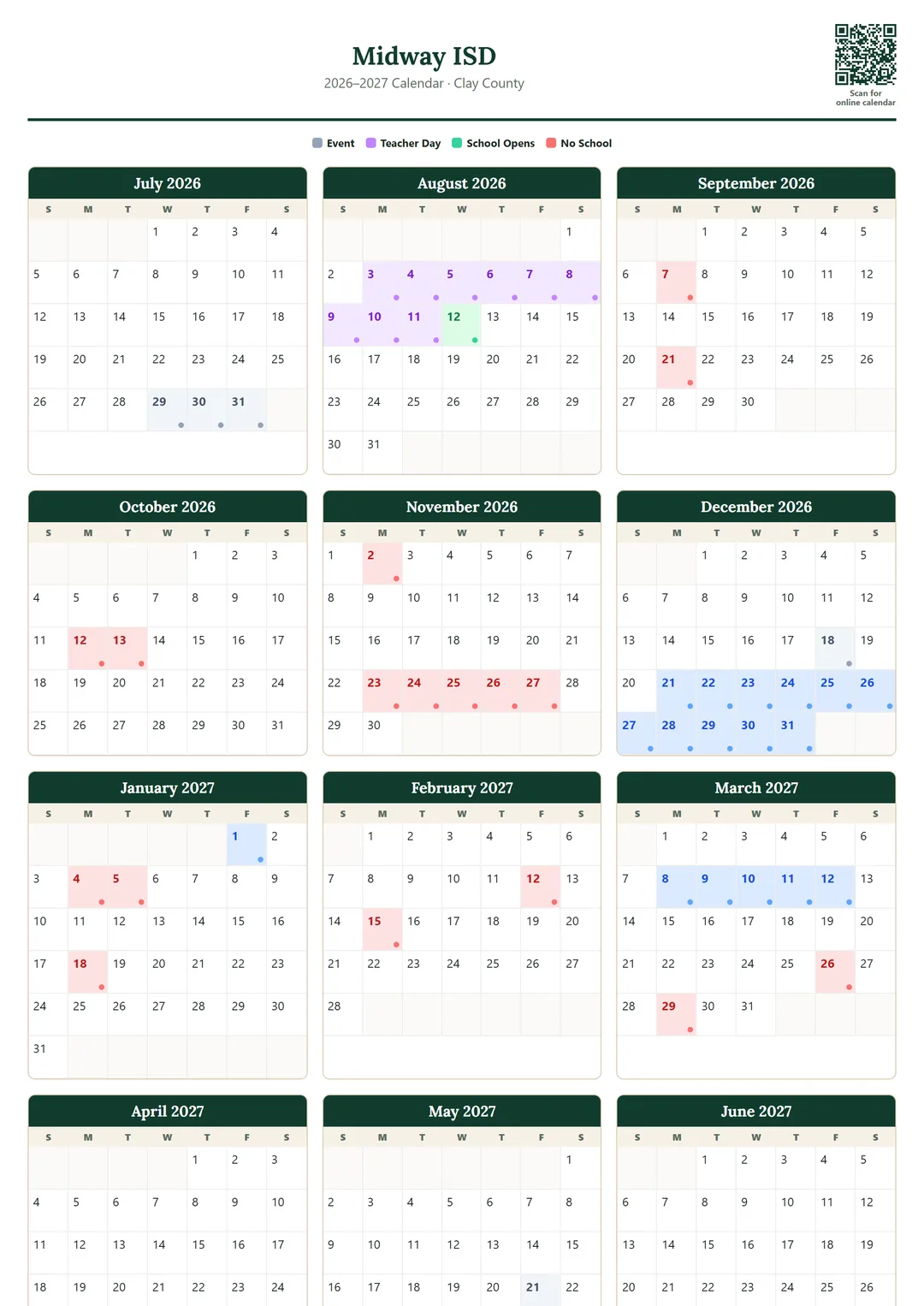 Midway ISD printable 2026–2027 calendar