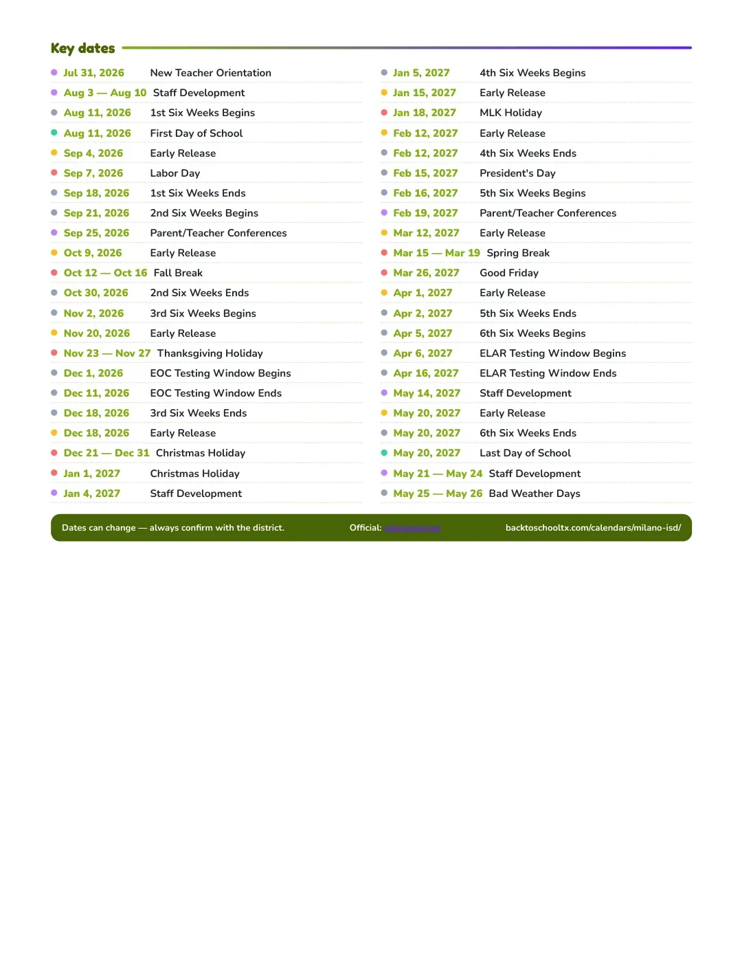 Milano ISD Calendar for the Year 26-27 — key dates