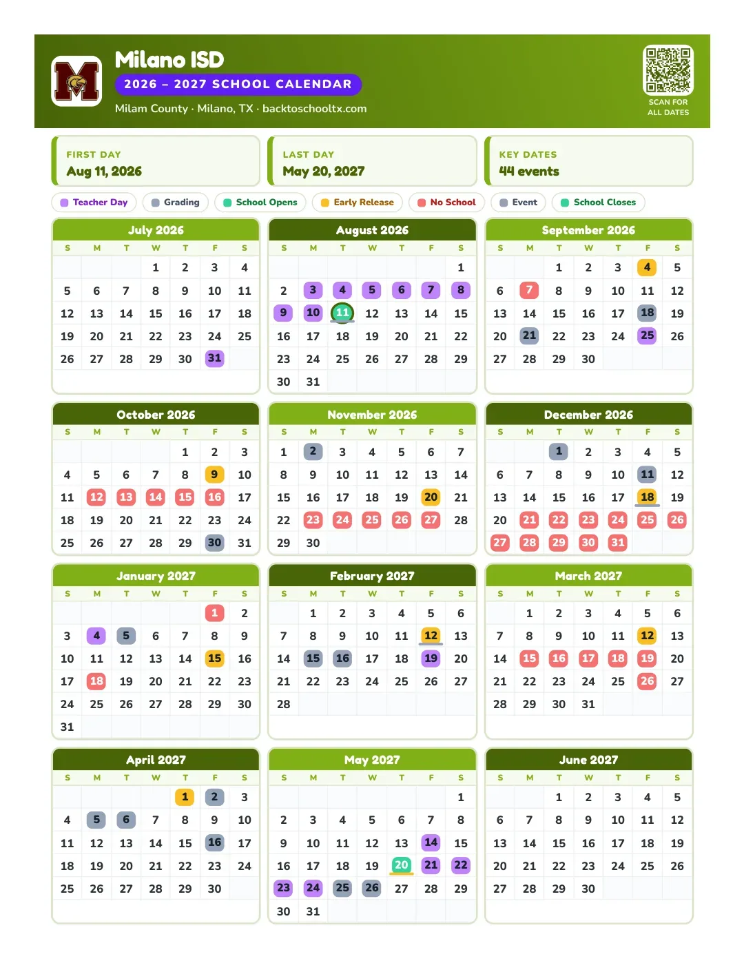 Milano ISD Calendar for the Year 26-27