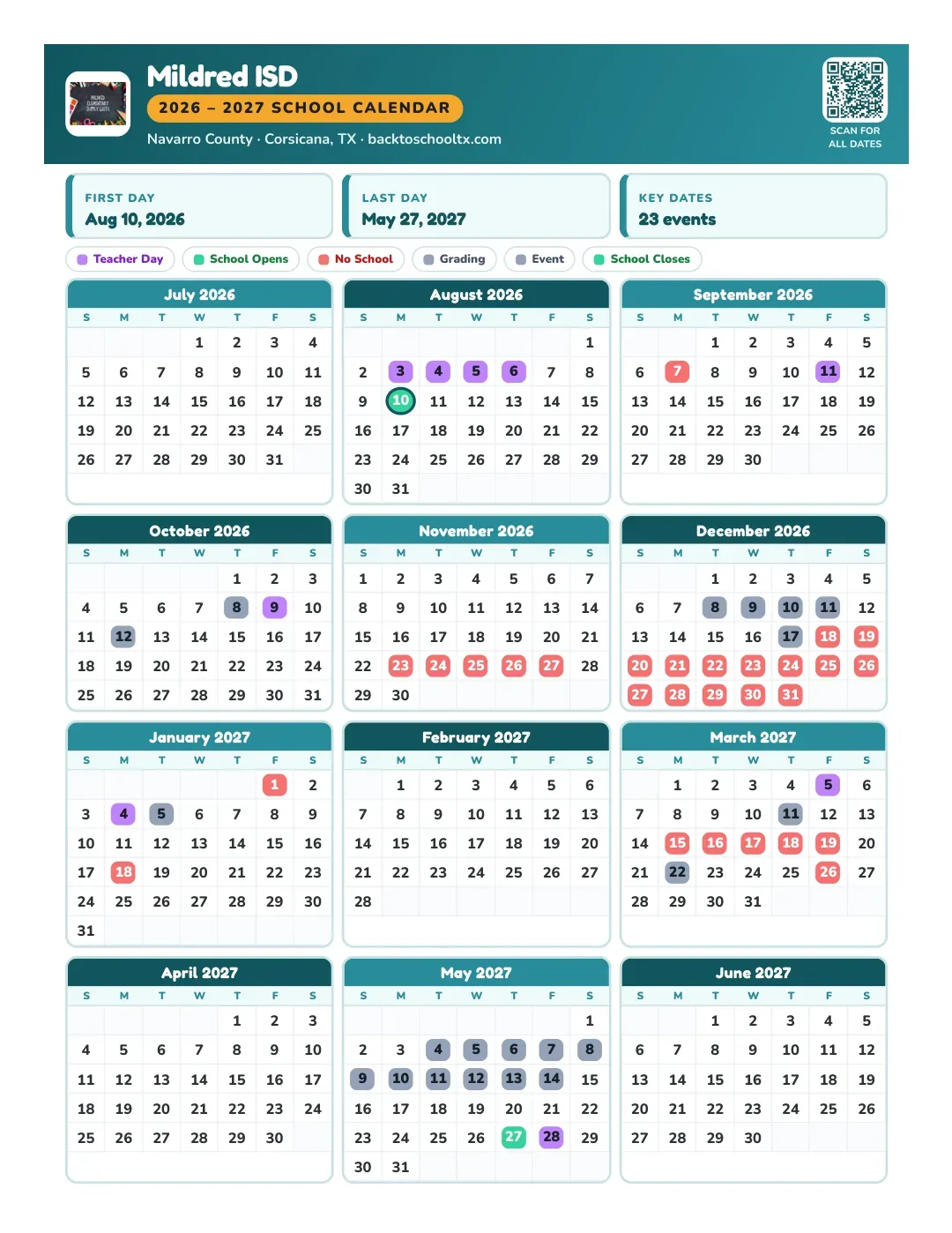 Mildred ISD Calendar for the Year 26-27