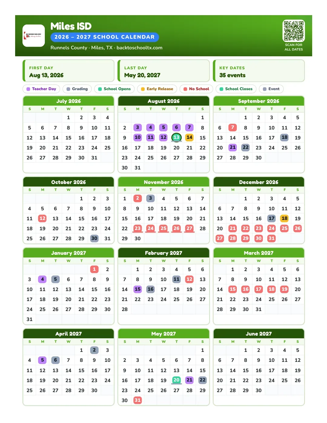 Miles ISD Calendar for the Year 26-27