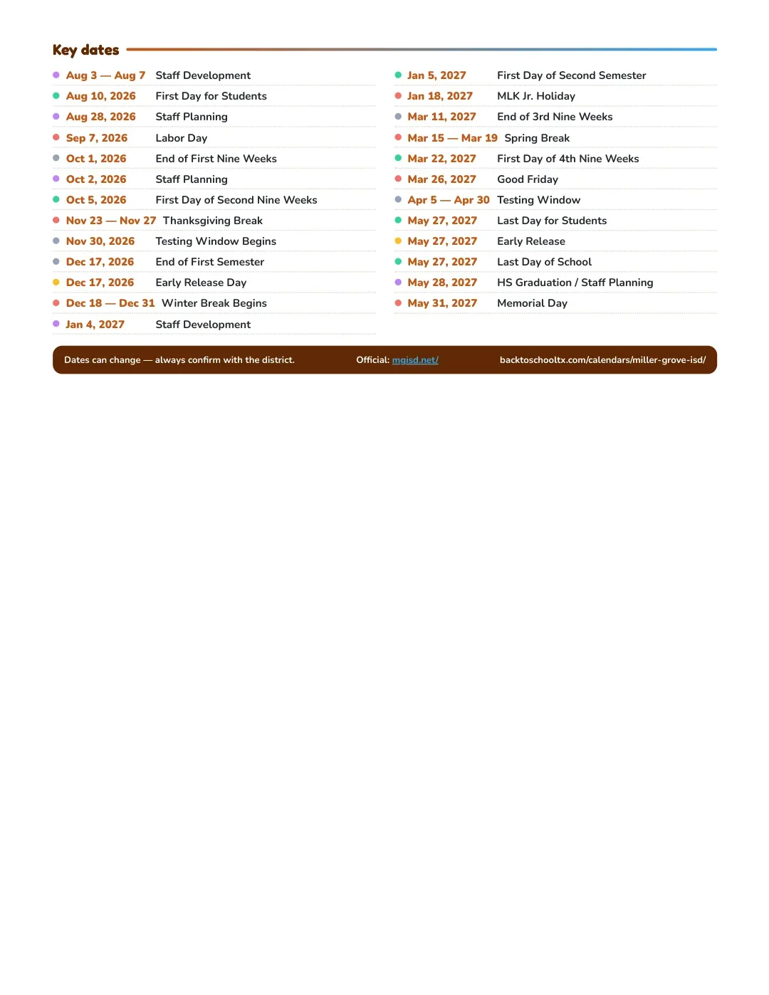 Miller Grove ISD Calendar for the Year 26-27 — key dates