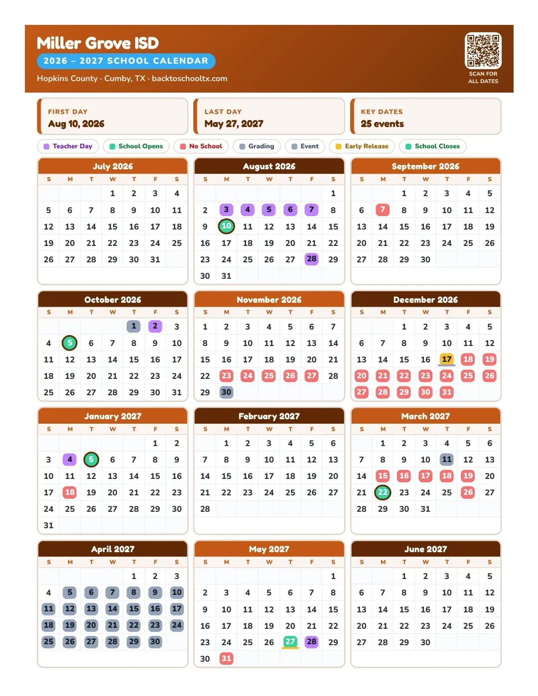 Miller Grove ISD Calendar for the Year 26-27
