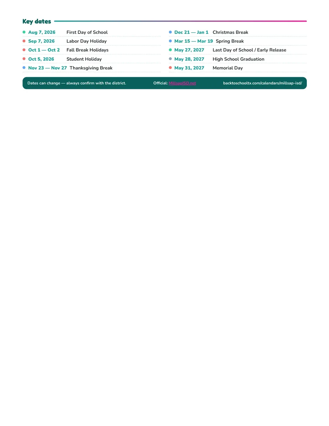 Millsap ISD Calendar for the Year 26-27 — key dates