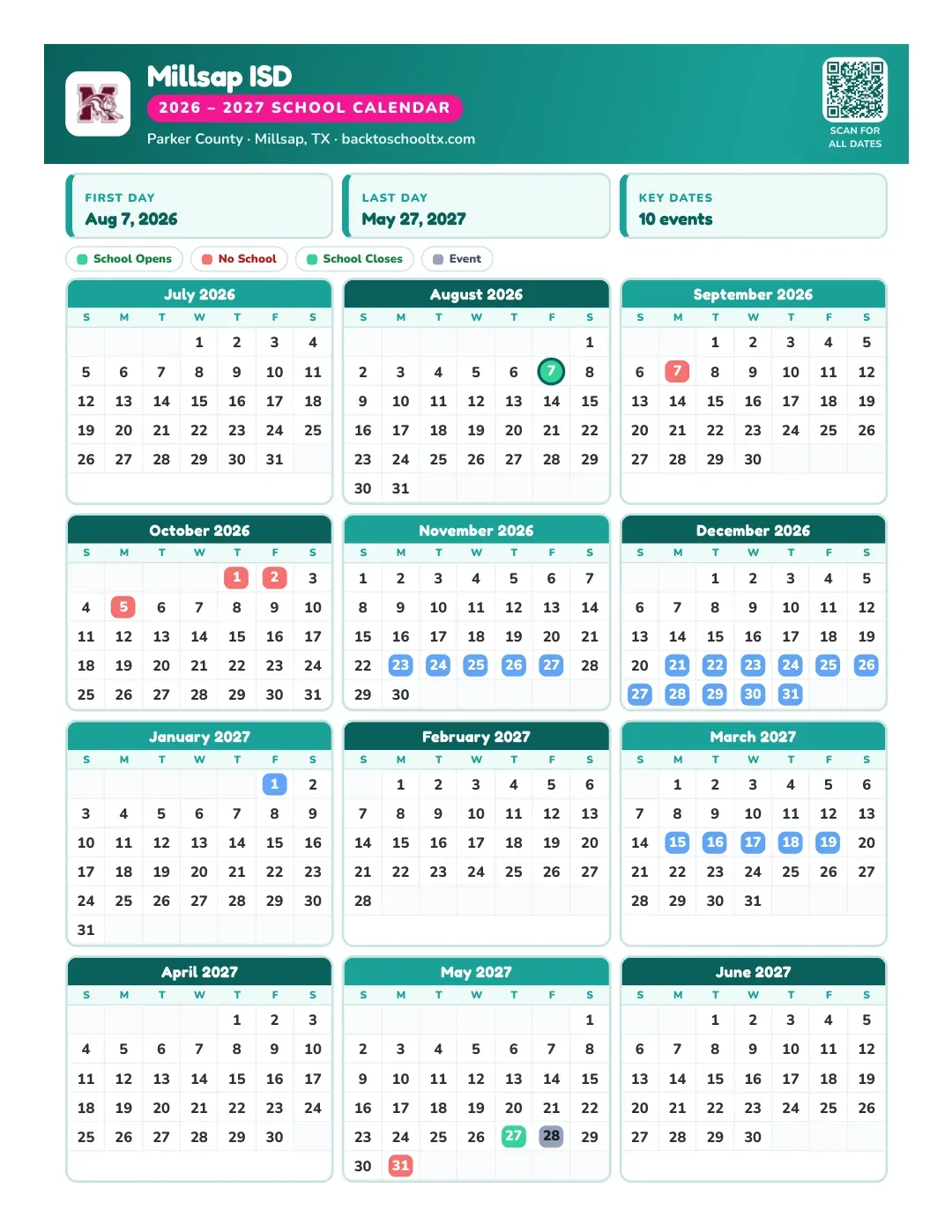 Millsap ISD Calendar for the Year 26-27