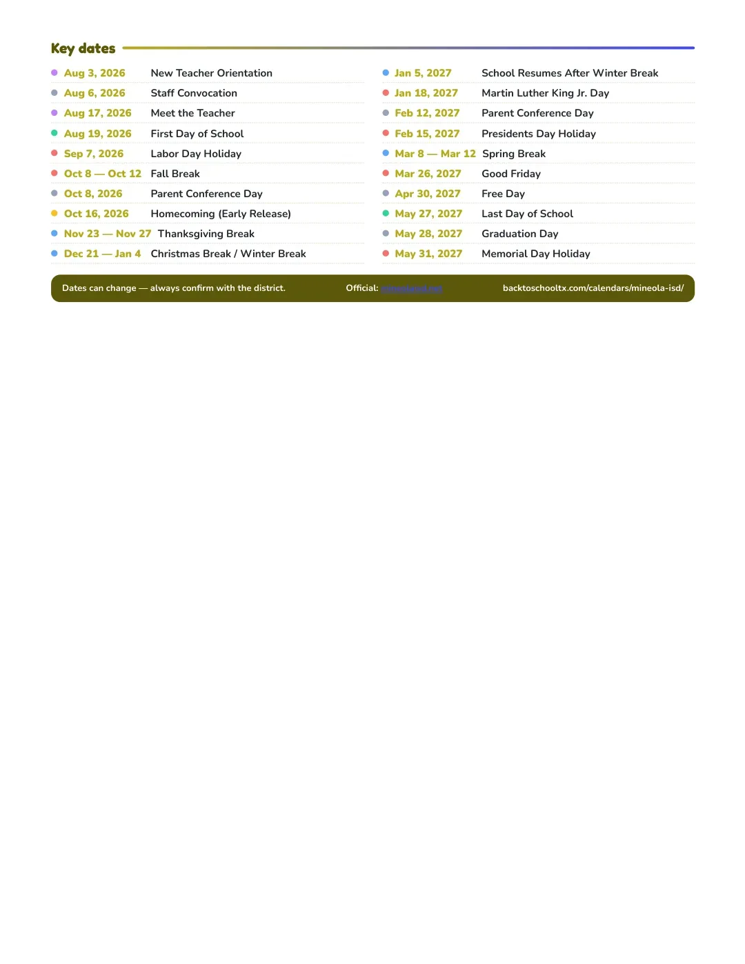 Mineola ISD Calendar for the Year 26-27 — key dates
