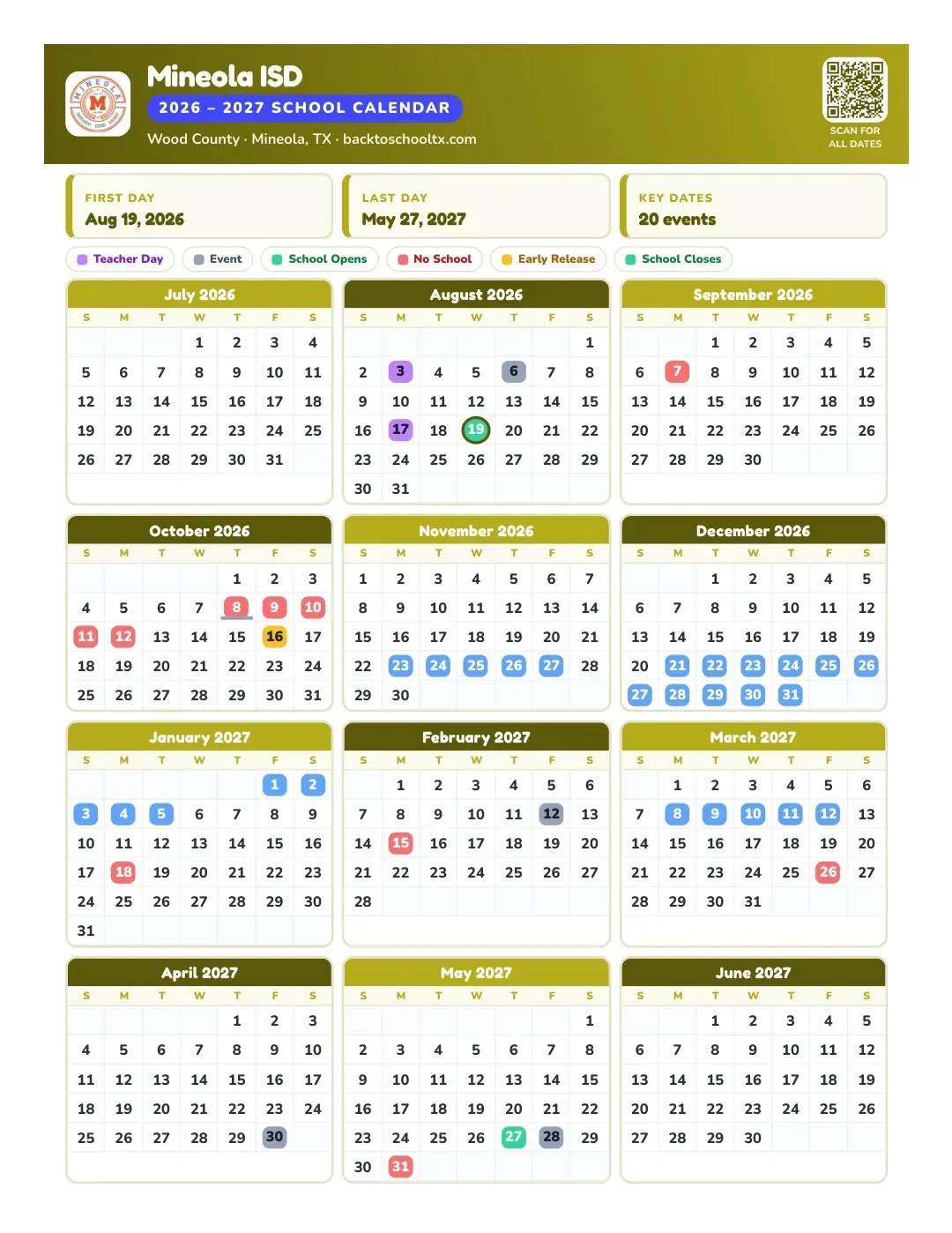 Mineola ISD Calendar for the Year 26-27