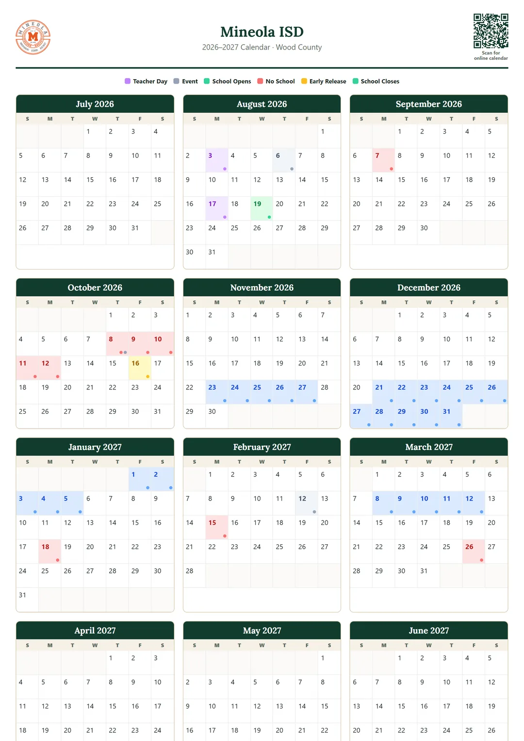 Mineola ISD printable 2026–2027 calendar