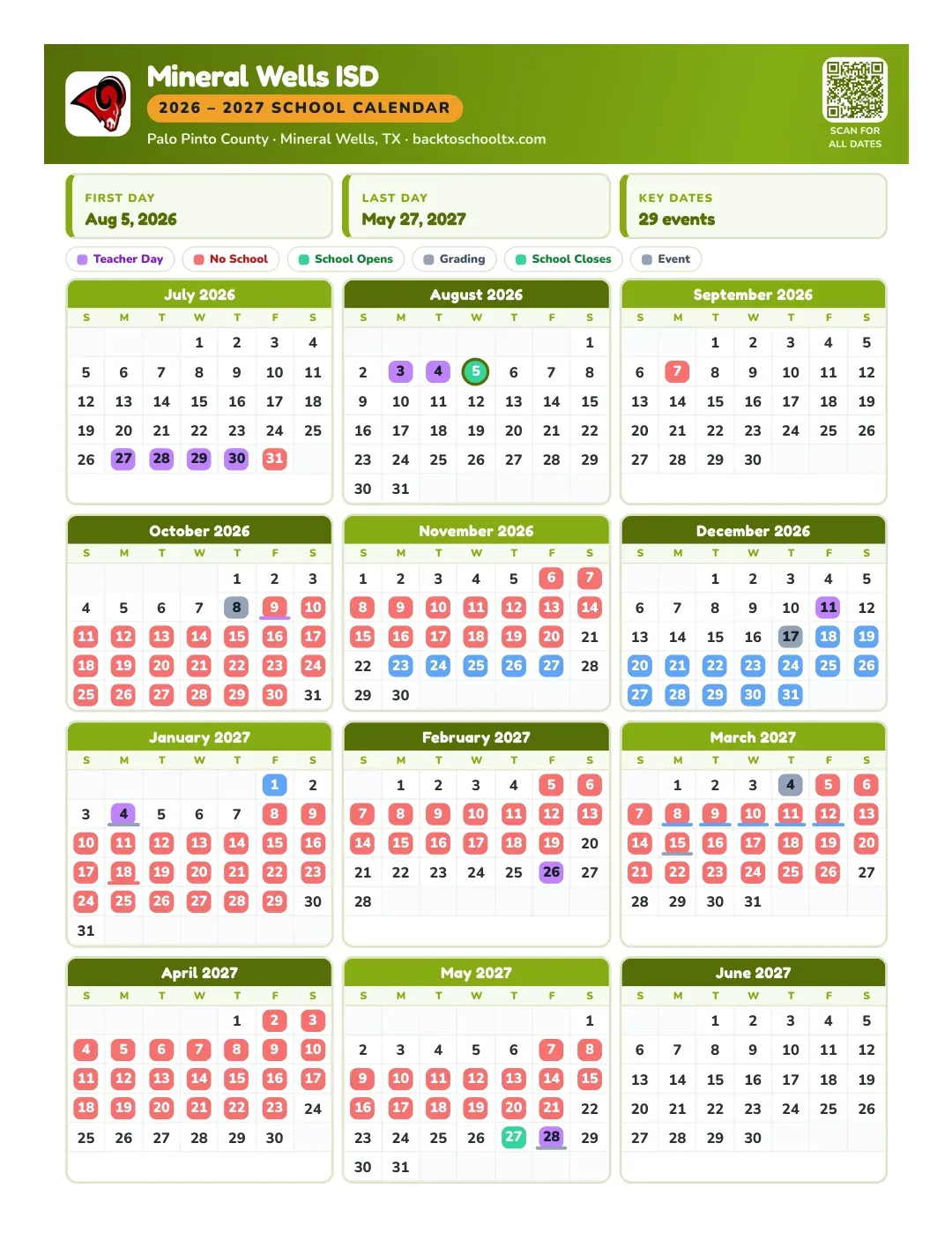 Mineral Wells ISD Calendar for the Year 26-27