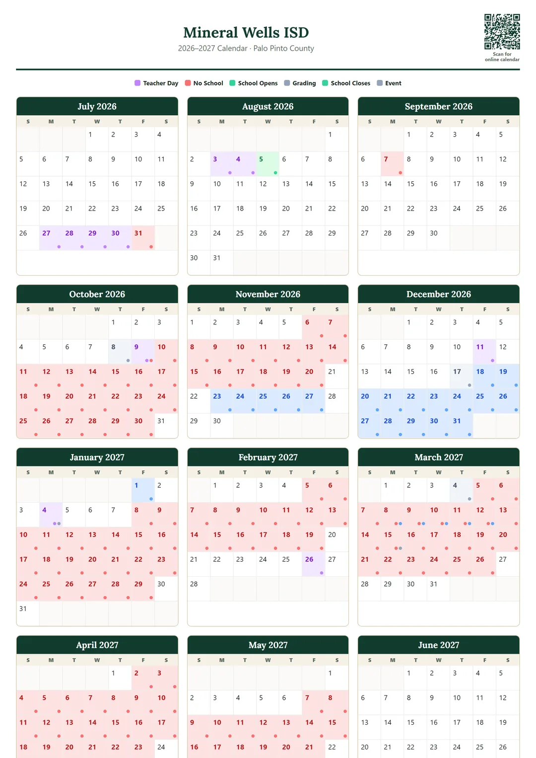 Mineral Wells ISD printable 2026–2027 calendar