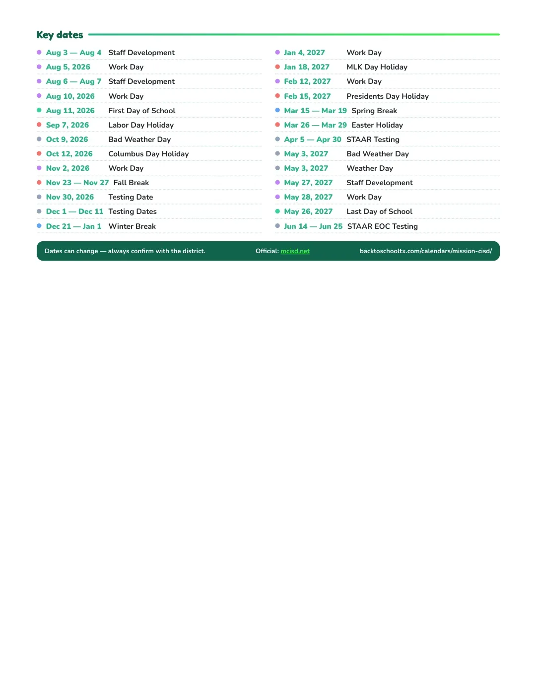 Mission CISD Calendar for the Year 26-27 — key dates