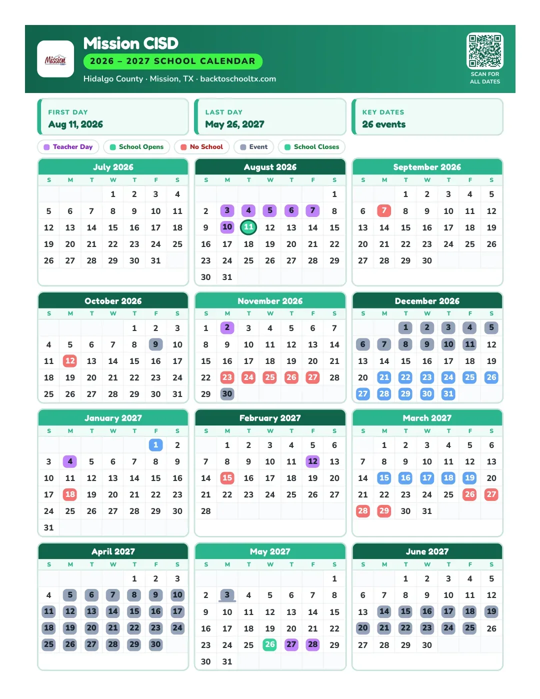 Mission CISD Calendar for the Year 26-27