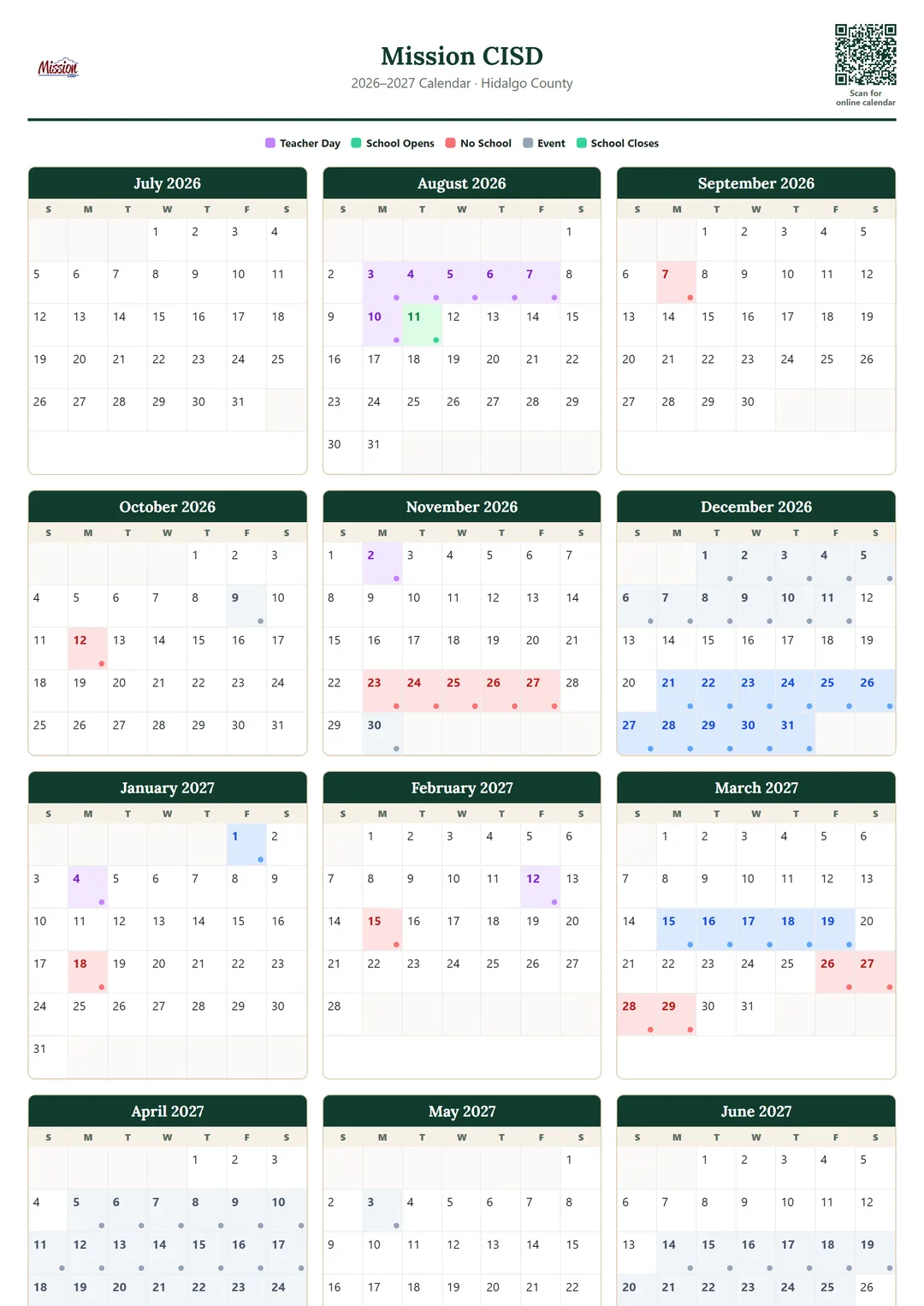 Mission CISD printable 2026–2027 calendar