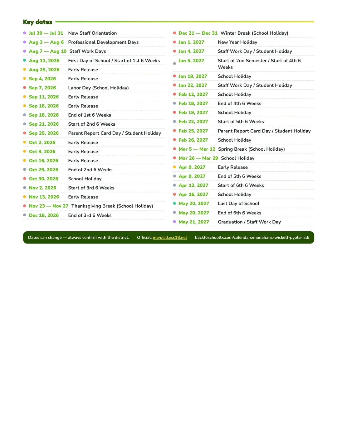 Monahans-wickett-pyote ISD Calendar for the Year 26-27 — key dates