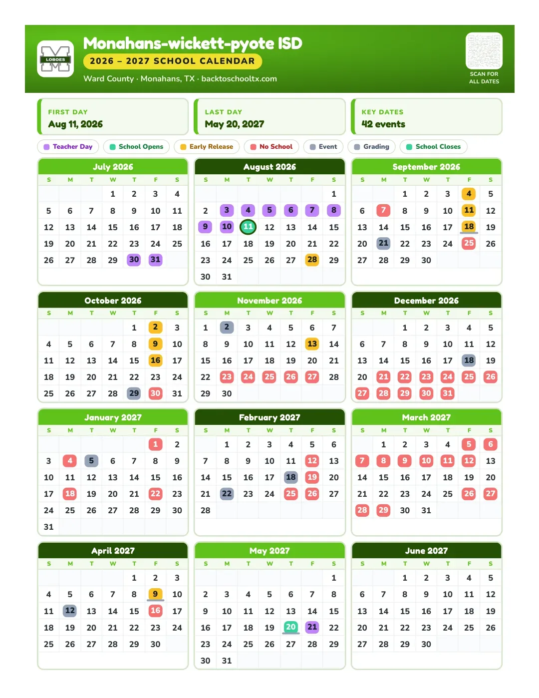 Monahans-wickett-pyote ISD Calendar for the Year 26-27