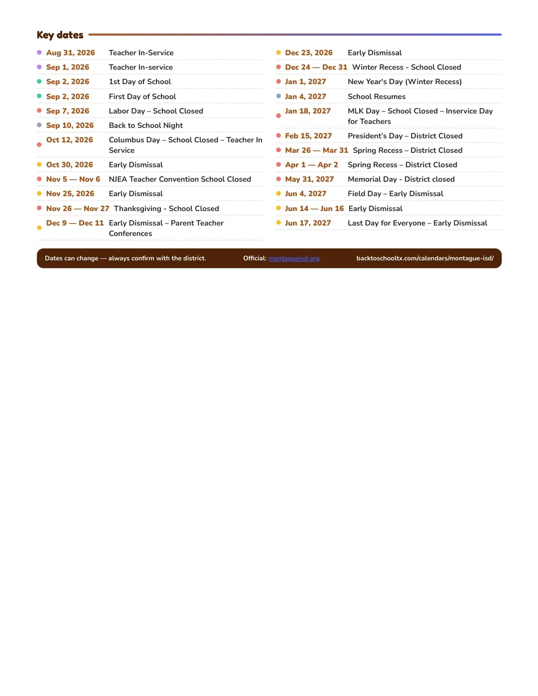 Montague ISD Calendar for the Year 26-27 — key dates