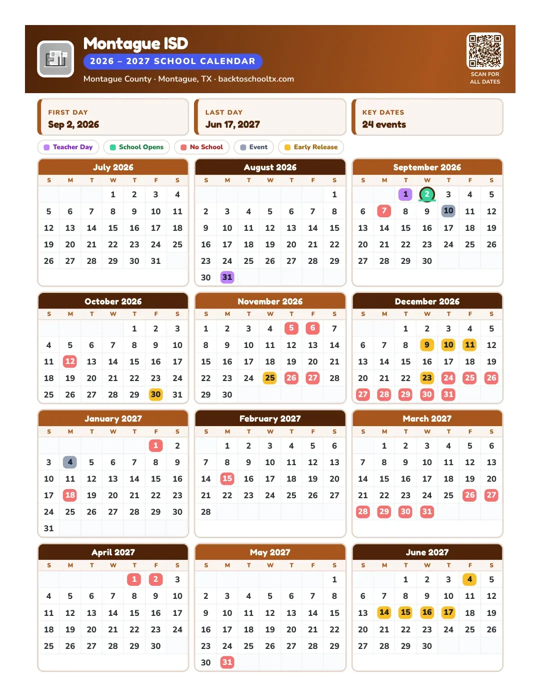 Montague ISD Calendar for the Year 26-27