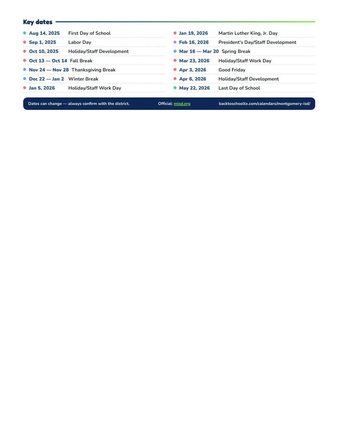 Montgomery ISD Calendar for the Year 26-27 — key dates