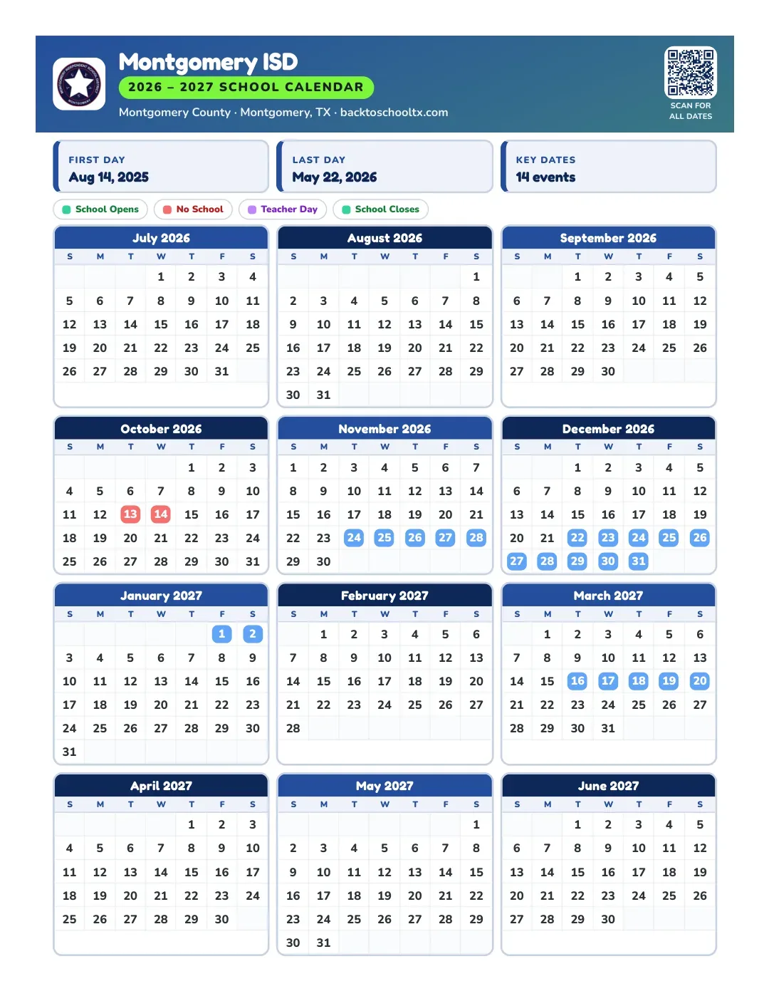 Montgomery ISD Calendar for the Year 26-27