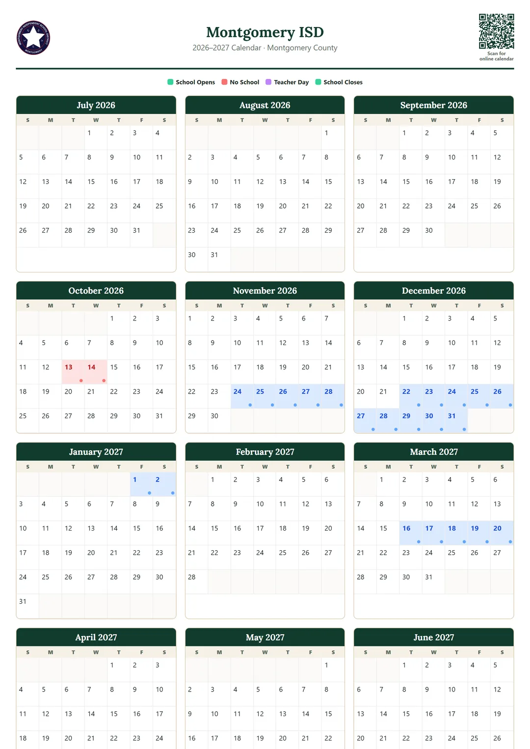 Montgomery ISD printable 2026–2027 calendar