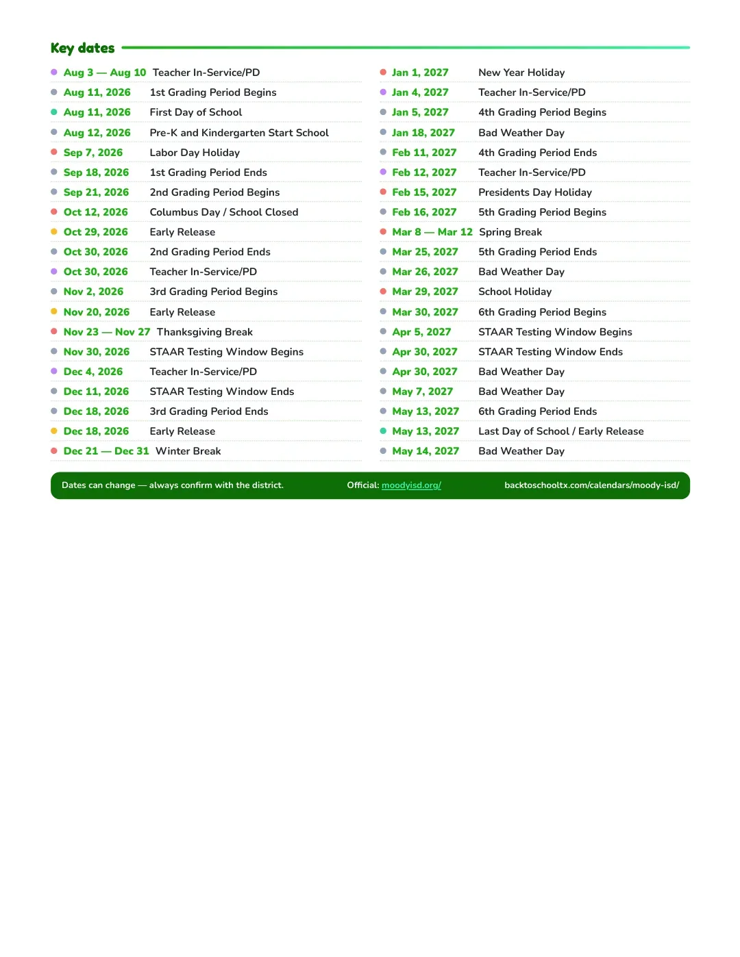 Moody ISD Calendar for the Year 26-27 — key dates