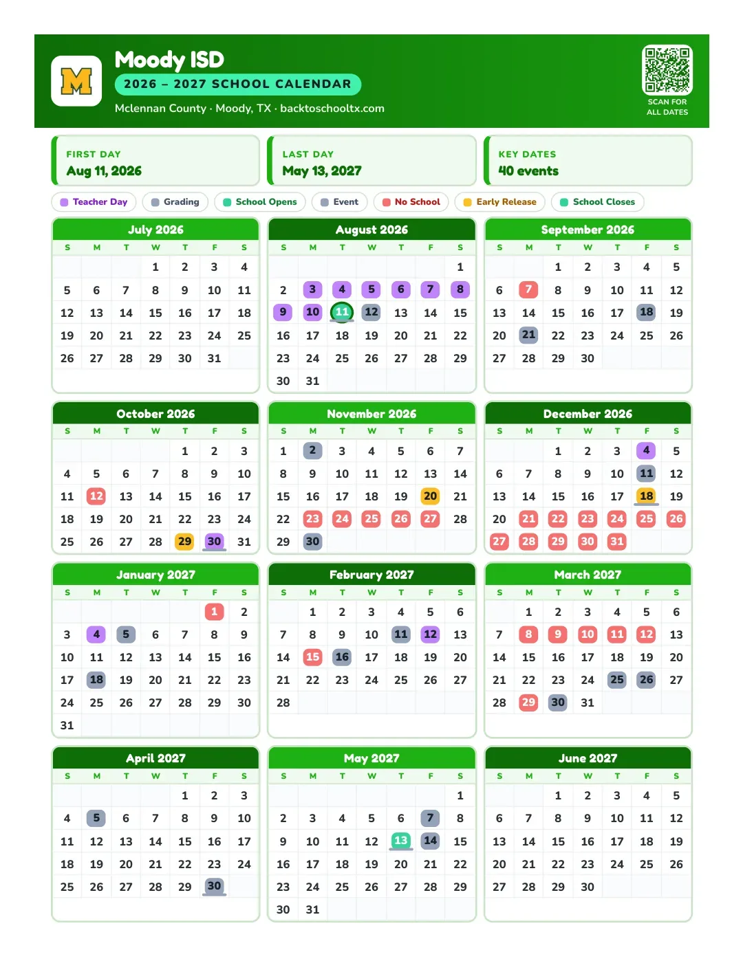 Moody ISD Calendar for the Year 26-27